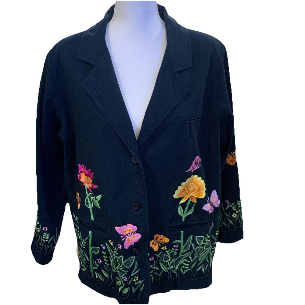 Quacker Factory Black Cotton Embroidered Flower Butterfly Lined Blazer Size‎ L